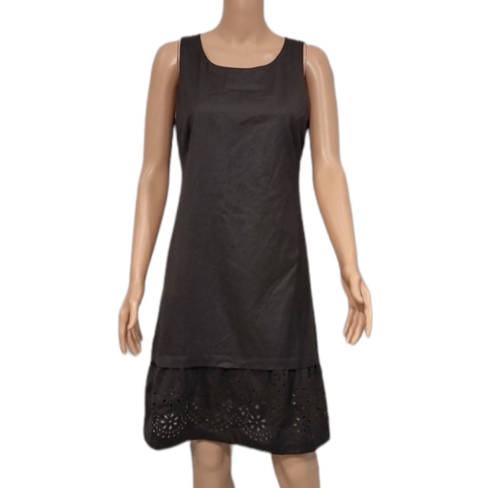 Rebecca Taylor Women's Wool Dress Brown Sleeveless Round Neck Embroidered Hem 8
